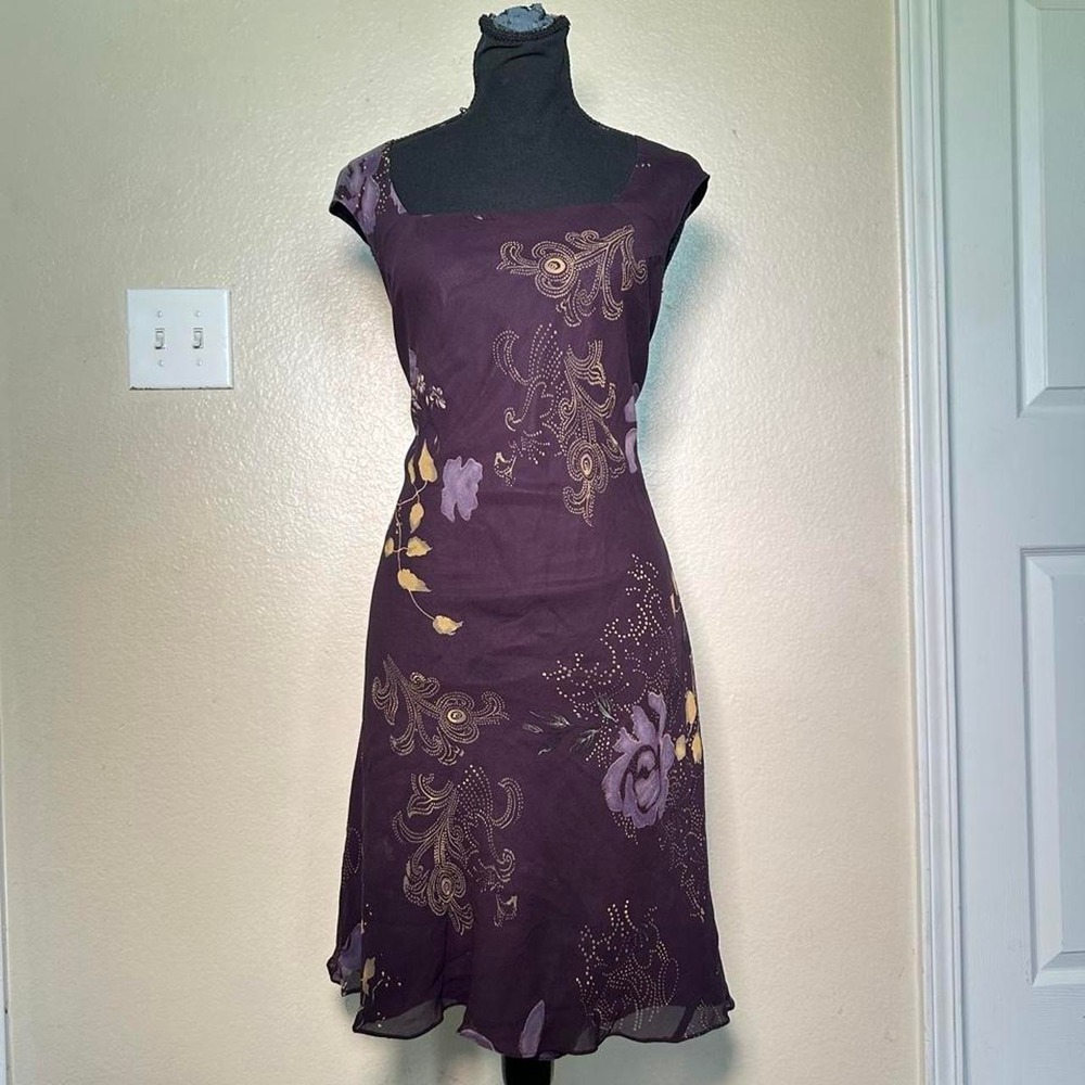 Jones New York 100% Silk Floral Midi Dress Purple Gold Y2K Vintage Size 12